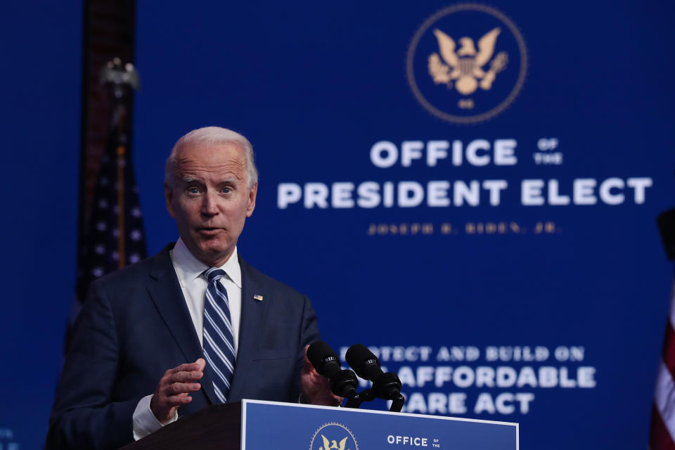 President-elect Joe Biden addresses the media about the Trump Administration's lawsuit to overturn the Affordable Care Act. (Joe Raedle/Getty Images)