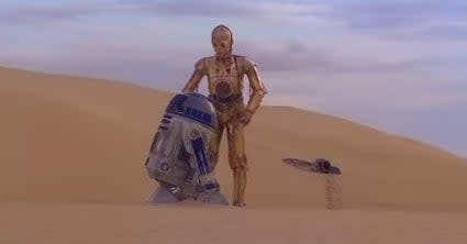 C-3PO and R2-D2 on Tatooine in "Star Wars: Episode IV - A New Hope"