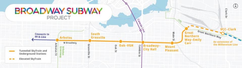 This map shows the locations of the SkyTrain stations that will be part of the Broadway Subway project, which will extend the SkyTrain's Millennium Line west until Arbutus Street.