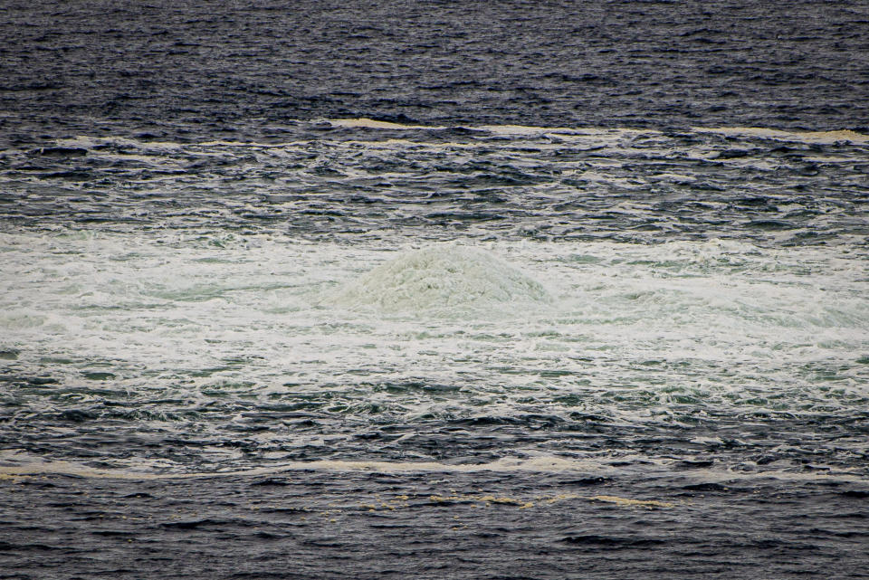 In this photo provided by the Armed Forces of Denmark, a view the disturbance in the water above the gas leak, in the Baltic Sea, Thursday, Sept. 29, 2022. Following the suspected sabotage this week of the Nord Stream 1 and 2 pipelines that carry Russian natural gas to Europe, there were two leaks off Sweden, including a large one above North Stream 1, and a smaller one above North Stream 2. (Rune Dyrholm/Armed Forces of Denmark via AP)