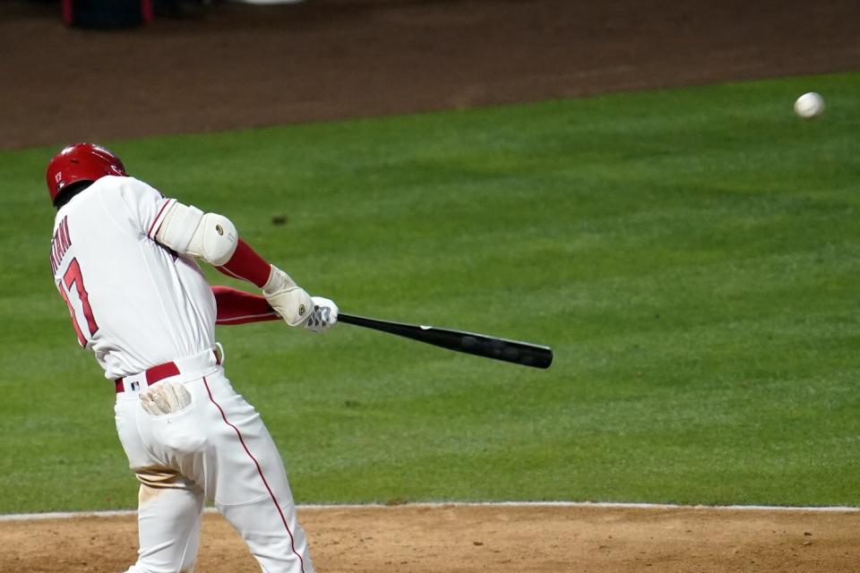 The Angels' Shohei Ohtani connects for a two-run home run during the sixth inning against the Rays on May 3, 2021.