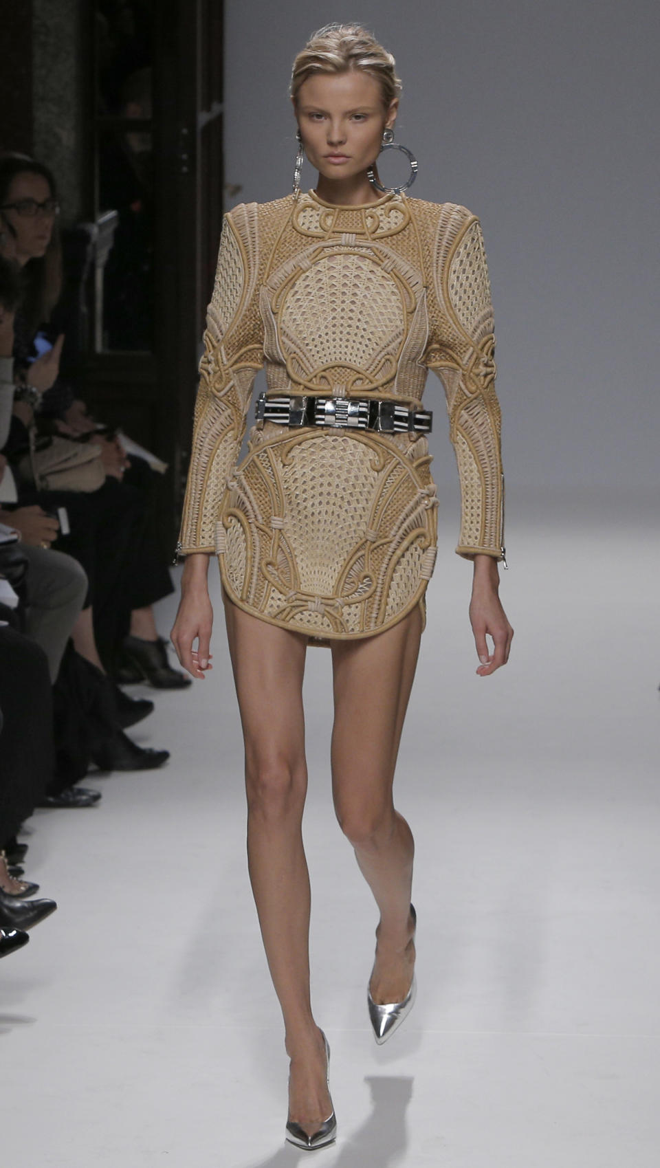 A model wears a creation by French designer Olivier Rousteing for Balmain's spring-summer 2013 ready to wear collection in Paris, Thursday, Sept. 27, 2012. (AP Photo/Francois Mori)