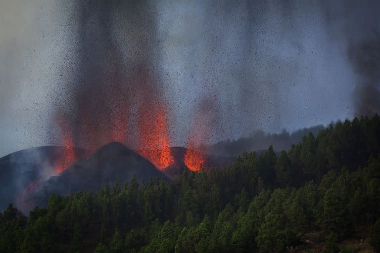 La lava fluye de la erupción de un volcán en la isla de La Palma en Canarias, España, el domingo 19 de septiembre de 2021. Un volcán en la isla española de La Palma en el océano Atlántico entró en erupción el domingo después de una acumulación de actividad sísmica de una semana, lo que provocó que las autoridades evacuar a miles mientras los flujos de lava destruían casas aisladas y amenazaban con llegar a la costa. Nuevas erupciones continuaron hasta la noche