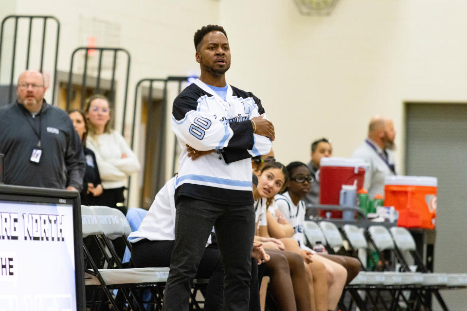 East Stroudsburg North's Head Coach Jerome Taylor coaches from the sidelines trying to get players in order on January 8, 2024
