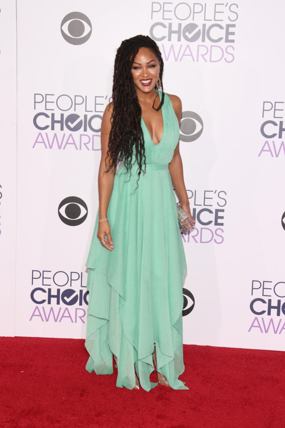 Meagan Good grinned broadly on the 2016 People’s Choice Awards red carpet