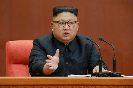 FILE PHOTO: North Korean leader Kim Jong Un speaks during the Second Plenum of the 7th Central Committee of the Workers' Party of Korea (WPK) at the Kumsusan Palace of the Sun, in this undated photo released by North Korea's Korean Central News Agency (KCNA) in Pyongyang October 8, 2017. KCNA/via REUTERS.