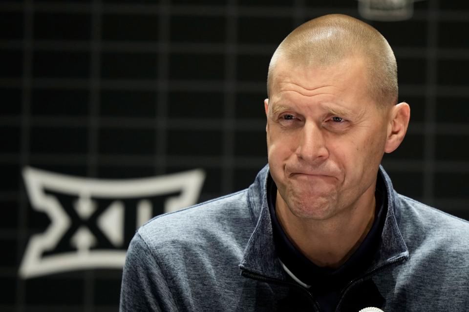 BYU coach Mark Pope addresses the media during the NCAA college Big 12 men's basketball media day Wednesday, Oct. 18, 2023, in Kansas City, Mo.