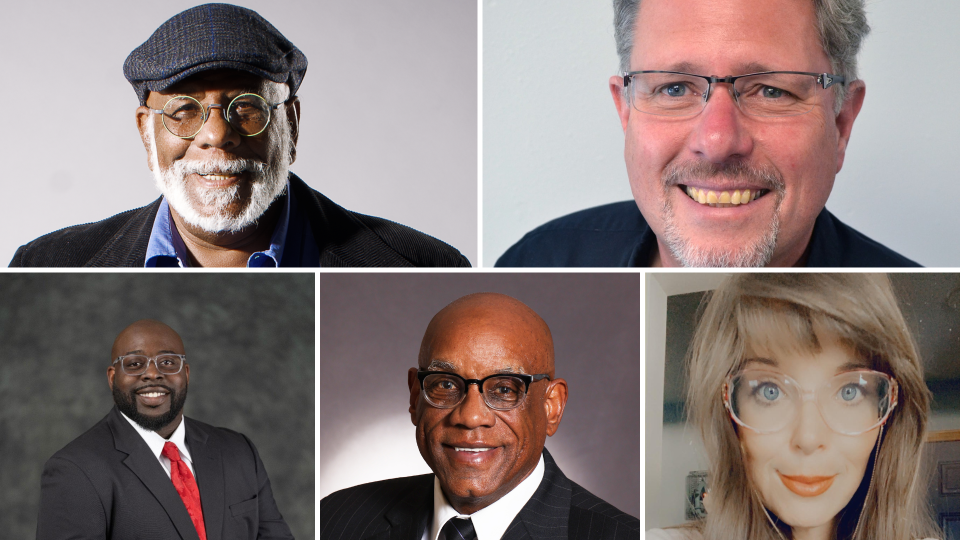 (Top left to right) Democrats John Campbell, Samy El-Baroudi, (bottom left to right) Rob Johnson, Dudley Muhammad and Republican Danielle Duggan are running for Iowa House District 34.