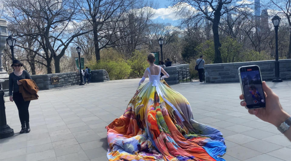 Queen Astraea running through New York in a Ryan Jude Novelline and Zelouf Fabrics gown. (Collect/PA Real Life)