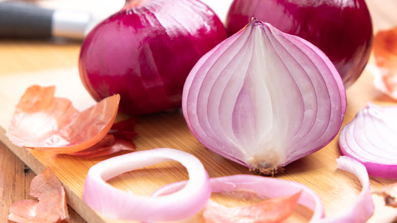 sliced and whole red onions