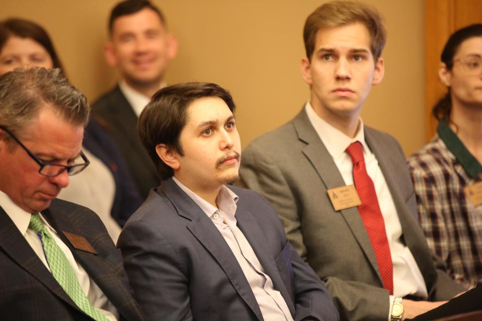 Daniel Shafton, vice president of the Kansas Cannabis Chamber of Commerce, listens to testimony opposing recreational marijuana during a Senate Federal and State Affairs Committee hearing Wednesday.