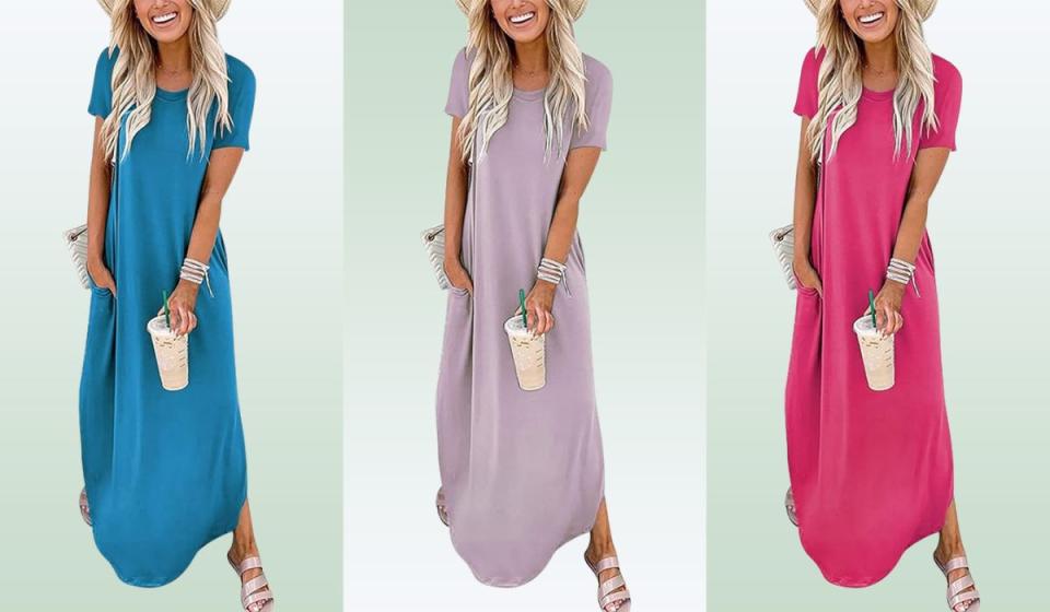 Three maxi dresses in different colors — light blue, lilac, and pink