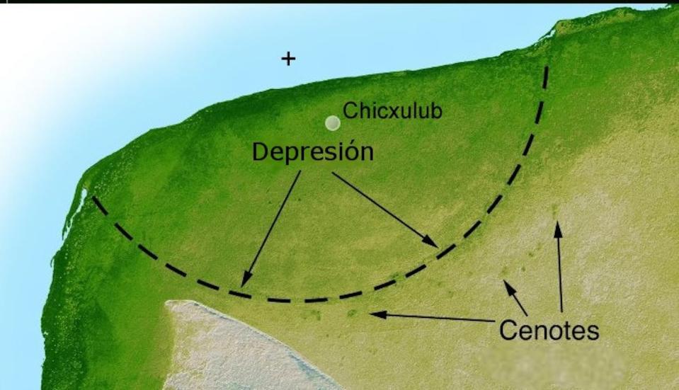 El impacto de Chicxulub en la península de Yucatán, México, fracturó la roca caliza subyacente, creando una red de grietas y sumideros, conocidos como cenotes. <a href="https://upload.wikimedia.org/wikipedia/commons/5/57/Cr%C3%A1ter_de_Chicxulub.jpg" rel="nofollow noopener" target="_blank" data-ylk="slk:Wikimedia commons;elm:context_link;itc:0;sec:content-canvas" class="link ">Wikimedia commons</a>, <a href="http://creativecommons.org/licenses/by/4.0/" rel="nofollow noopener" target="_blank" data-ylk="slk:CC BY;elm:context_link;itc:0;sec:content-canvas" class="link ">CC BY</a>
