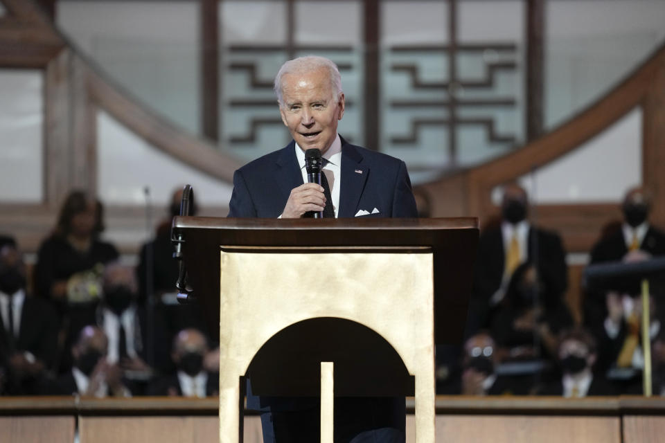 President Joe Biden speaks at Ebenezer Baptist Church in Atlanta, Sunday, Jan. 15, 2023, during a service honoring Martin Luther King Jr. (AP Photo/Carolyn Kaster)