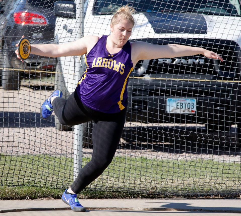 Watertown’s Eden Hach competes in the girls discus during a high school track and field dual with Aberdeen Central on Monday, April 22, 2024 at the Brownell Activities Complex in Aberdeen.