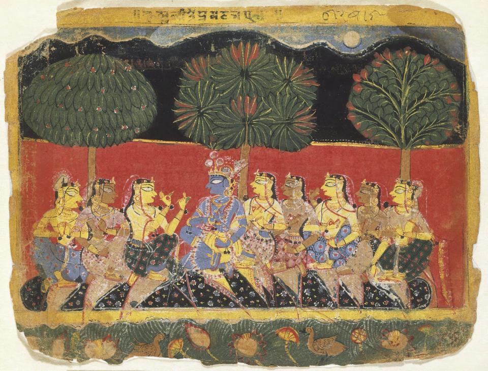 In a famous work of art called the ‘Ras Lila,’ a multiplied Krishna dances with gopis. <a href="https://www.gettyimages.com/detail/news-photo/krishna-and-the-gopis-leaf-from-a-bhagavata-purana-series-news-photo/1404465650" rel="nofollow noopener" target="_blank" data-ylk="slk:Sepia Times/Universal Images Group via Getty Images;elm:context_link;itc:0;sec:content-canvas" class="link ">Sepia Times/Universal Images Group via Getty Images</a>