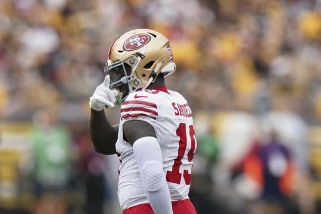 San Francisco 49ers wide receiver Brandon Aiyuk stretches out for 42-yard  gain from quarterback Brock Purdy