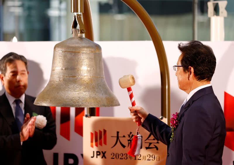 Ceremony marking the end of trading in 2023 at the Tokyo Stock Exchange (TSE) in Tokyo