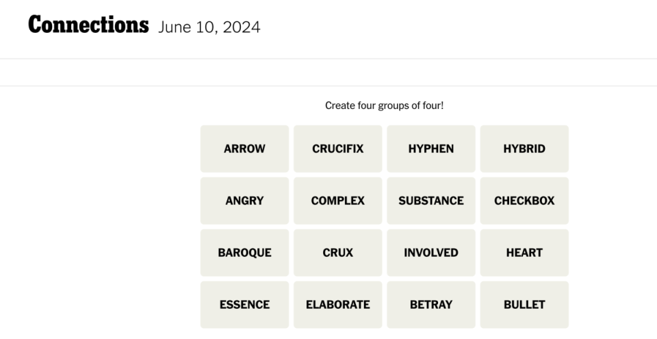<em>Today's NYT Connections puzzle for Monday, June 10,</em><em> 2024</em><p>New York Times</p>