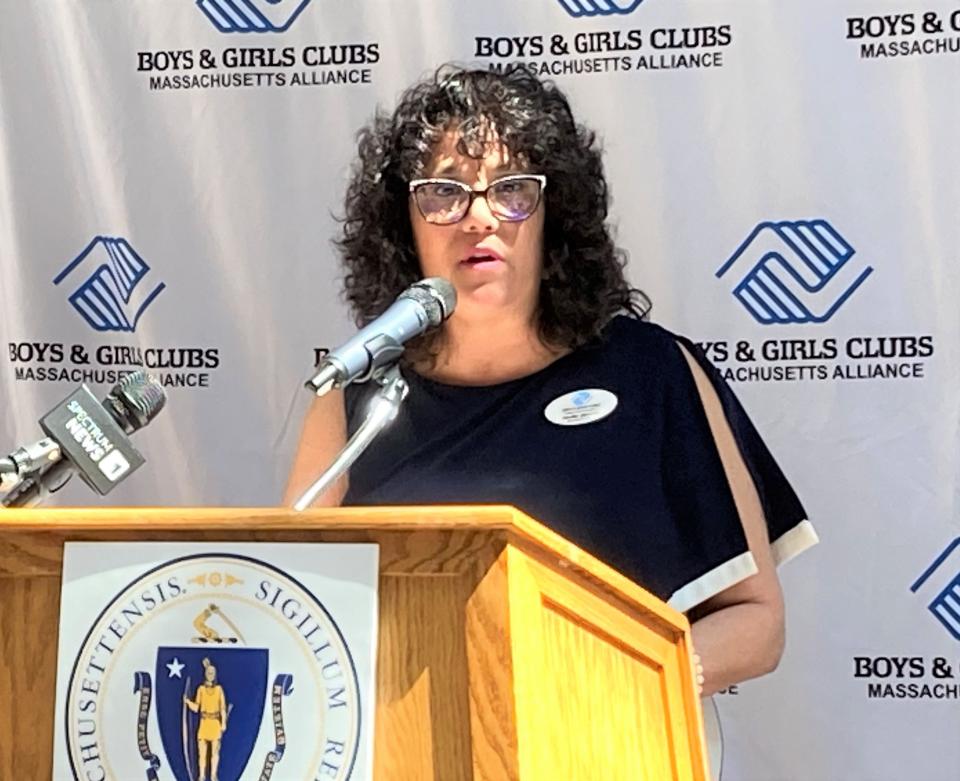 Jennifer Aldsworth executive director of the Massachusetts Alliance of Boys & Girls Clubs, announces the names of the two legislators selected as 2024 Champions of Youth at the organization's 21st Advocacy Day April 8.