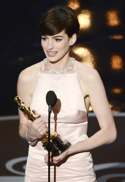 <p>Anne Hathaway, Les Miserables<br>Anne's portrayal of dying prostitute Fantine in Tom Hooper's big screen adaptation of Les Mis was enough to nab her a gold statuette. Cue the emotional acceptance speech.</p>