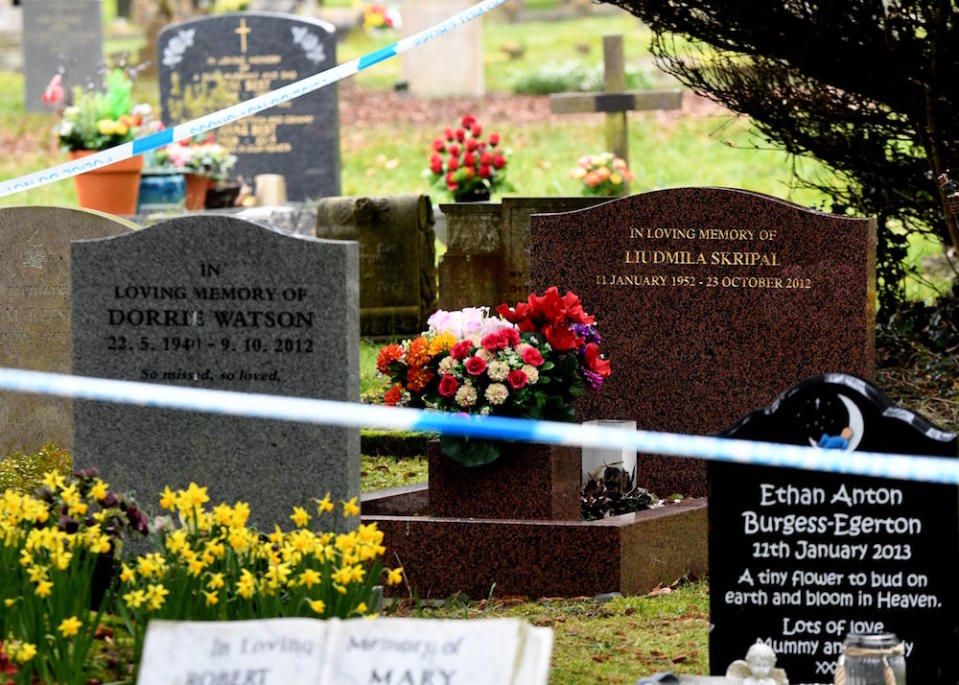 <em>Bouquet – as police cordoned off Mr Skripal’s wife and son’s graves, some speculated the nerve agent was transported on a bouquet of flowers (Picture: Andrew Parsons/REX/Shutterstock)</em>