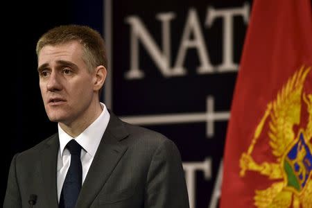 Foreign Minister of Montenegro Igor Luksic speaks during a news conference after a NATO foreign ministers meeting at the Alliance's headquarters in Brussels, Belgium, December 2, 2015. REUTERS/Eric Vidal