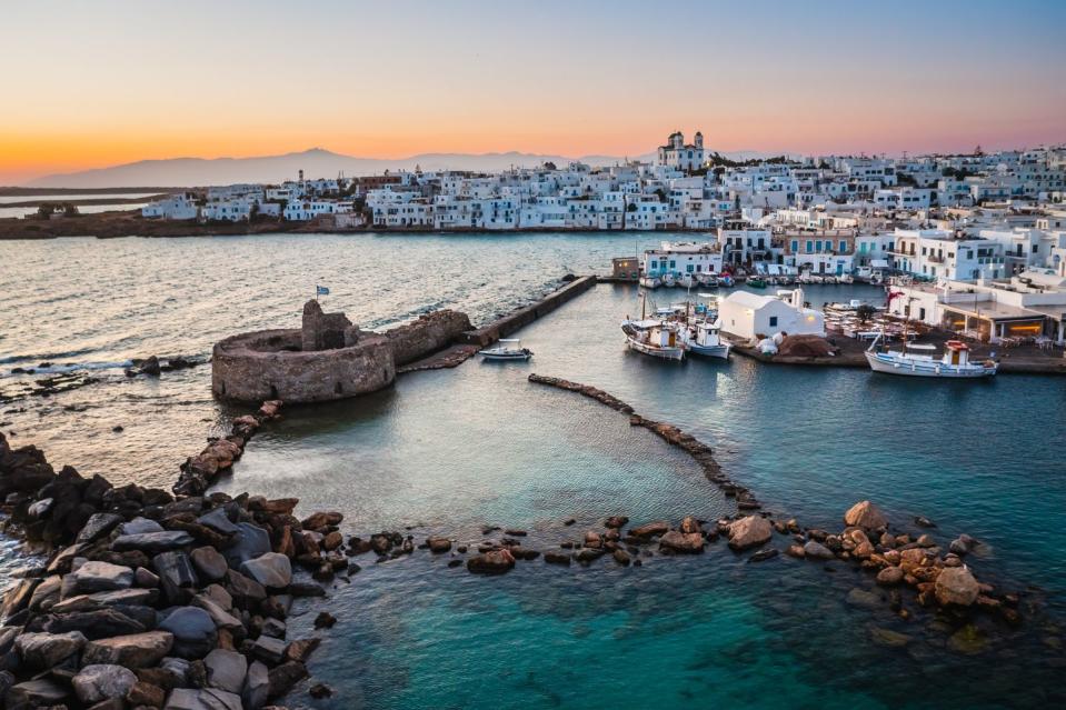 aerial view of venetian castle and naousa old town paros, cyclades, greece