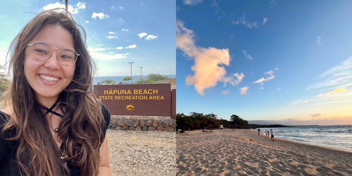 On the left, the writer taking a selfie in front of the Hupuna Beach sign. On the right, a view of the water, sand, and sky at Hapuna Beach.