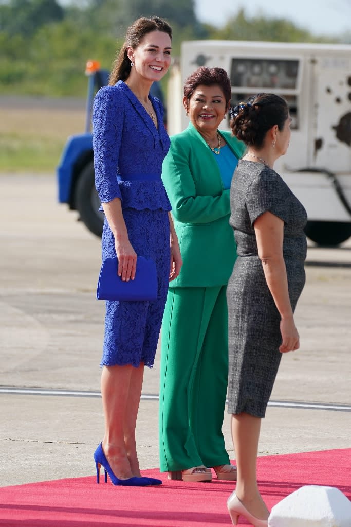 Kate Middleton and Prince William arrive in Belize and greet governor general Froya Thalami at the start of their royal tour of the Caribbean on March 20, 2022. - Credit: News Licensing / MEGA