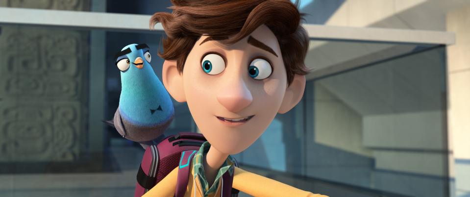 Scientific genius Walter (voiced by Tom Holland, right) accidentally turns international secret agent Lance Sterling (Will Smith) into a pigeon in the animated comedy "Spies in Disguise."