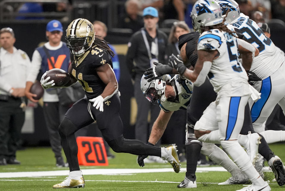 New Orleans Saints running back Alvin Kamara (41) runs the ball during the second half of an NFL football game against the Carolina Panthers, Sunday, Sept. 8, 2024, in New Orleans. (AP Photo/Gerald Herbert)