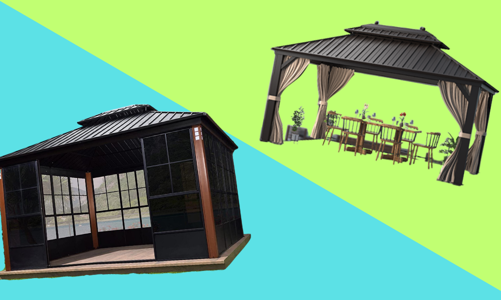 Black gazebo and brown gazebo with drapes