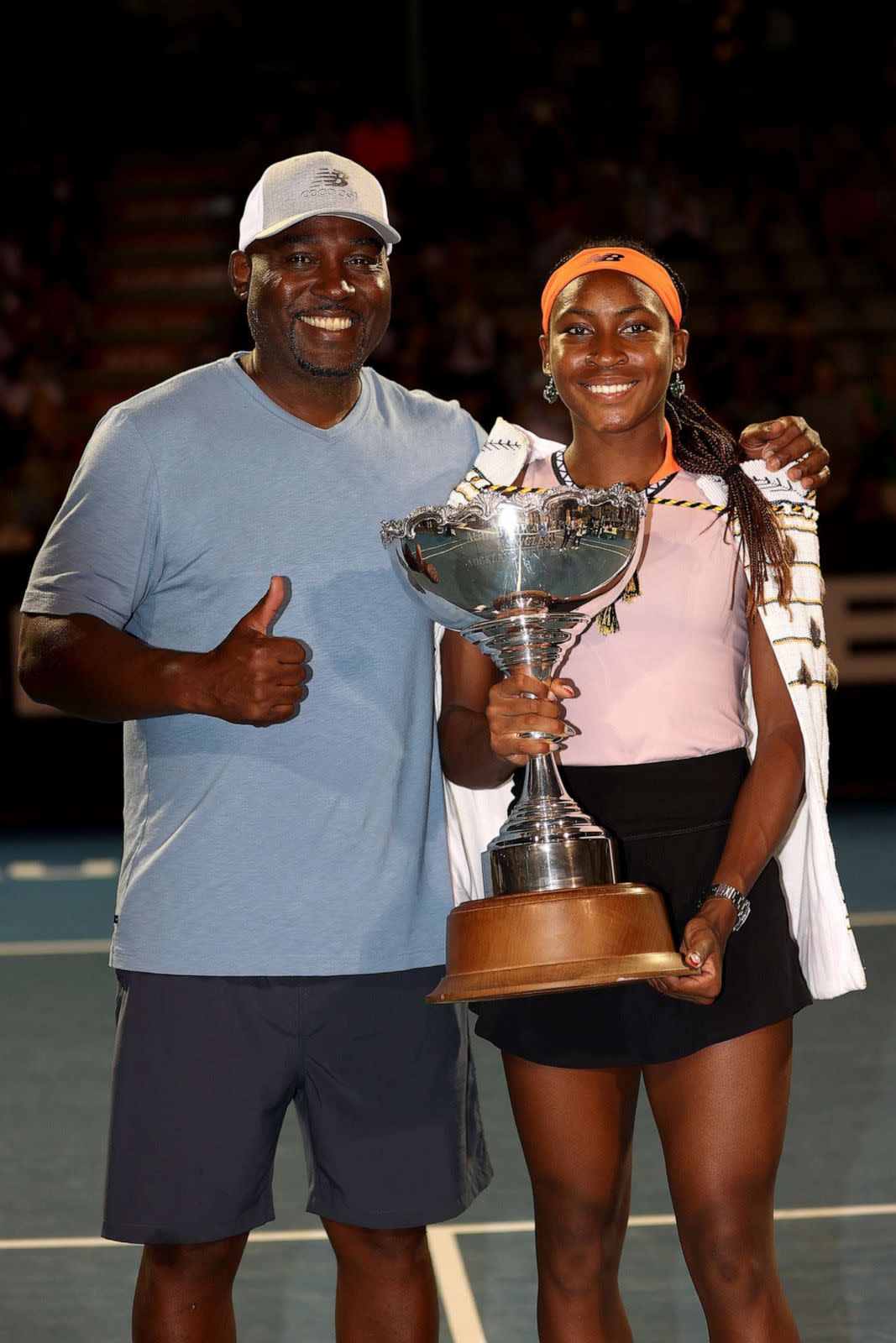 PHOTO: FILE - Coco Gauff of the USA poses with the trophy with her father Corey Gauff following her singles final win against Rebeka Masarova of Spain during day seven of the 2023 ASB Classic Women's at the ASB Tennis Arena, Jan. 08, 2023 in Auckland (Phil Walter/Getty Images, FILE)