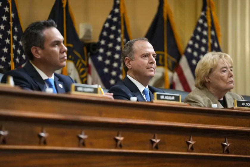 WASHINGTON, DC - JUNE 09: Rep. Pete Aguilar (D-Redlands), Rep. Adam B. Schiff (D-Burbank),and Rep. Zoe Lofgren (D-San Jose) during a House Select Committee to Investigate the January 6th hearing in the Cannon House Office Building on Thursday, June 9, 2022 in Washington, DC. The bipartisan Select Committee to Investigate the January 6th Attack On the United States Capitol has spent nearly a year conducting more than 1,000 interviews, reviewed more than 140,000 documents day of the attack. (Kent Nishimura / Los Angeles Times)