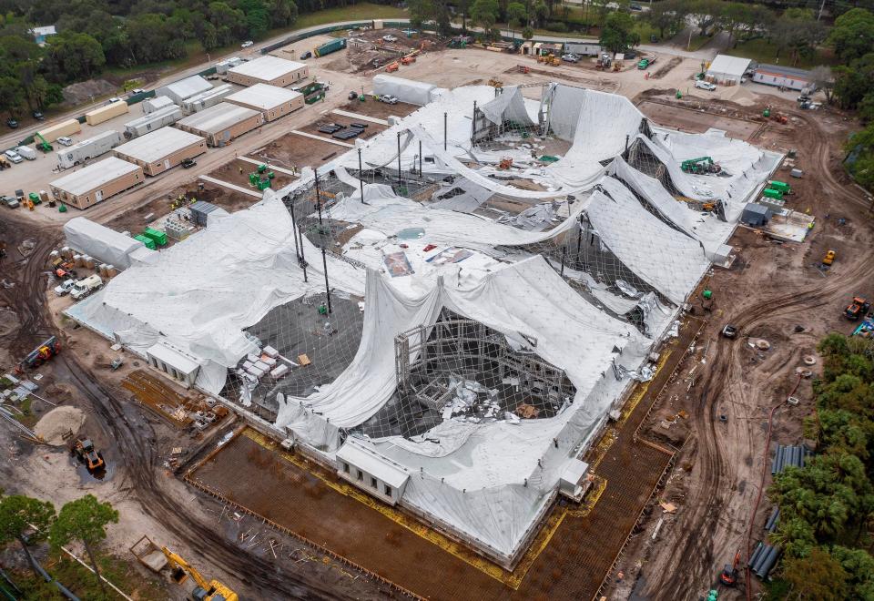 The air-supported dome for the future home of the TGL indoor golf league that was founded by Tiger Woods and Rory McIlroy was damaged and deflated Nov. 14, 2023 after a temporary power system outage at the site.