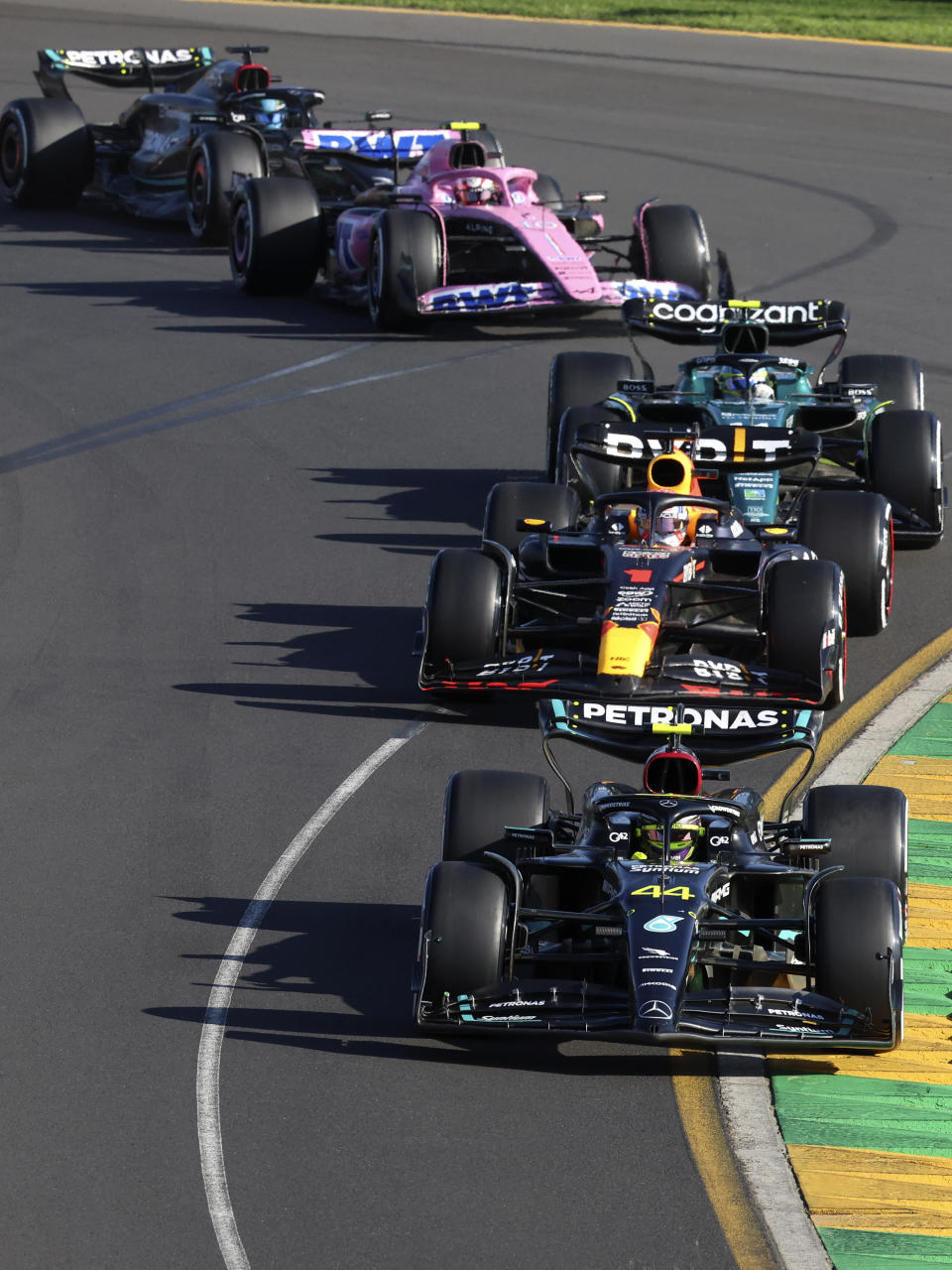 Mercedes driver Lewis Hamilton of Britain leads cars during a restart of the Australian Formula One Grand Prix at Albert Park in Melbourne, Sunday, April 2, 2023. (AP Photo/Asanka Brendon Ratnayake)