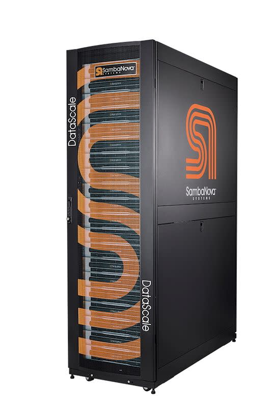 FILE PHOTO: A data center server rack shows the logo of SambaNova Systems in this undated handout photo