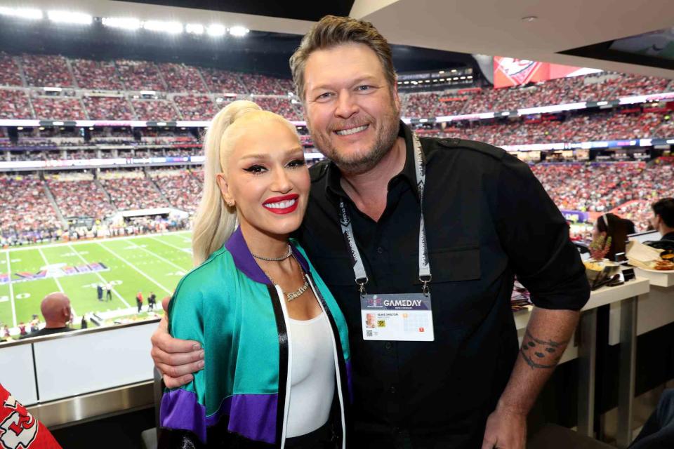 <p>Kevin Mazur/Getty</p> Gwen Stefani and Blake Shelton attend the Super Bowl LVIII Pregame at Allegiant Stadium on Feb. 11, 2024 in Las Vegas