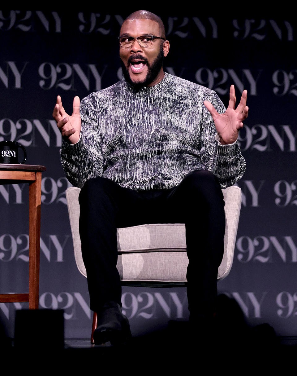 <p>Tyler Perry gets animated on Sept. 21 while chatting with Alison Stewart at The 92nd Street Y in N.Y.C.</p>