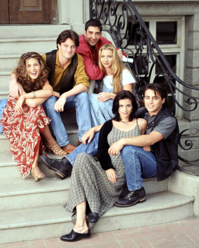 David Schwimmer (clockwise from top right), Lisa Kudrow, Matt LeBlanc, Courteney Cox, Jennifer Aniston and Matthew Perry in “Friends.” Warner Bros.