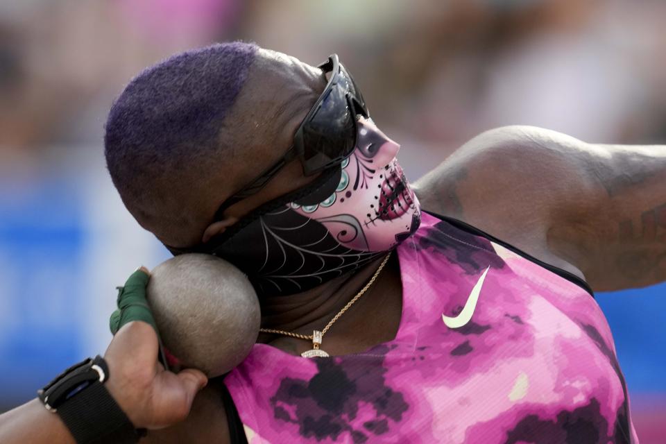 Raven Saunders competes in the women's shot put final during the U.S. Track and Field Olympic Team Trials Saturday, June 29, 2024, in Eugene, Ore. (AP Photo/George Walker IV)