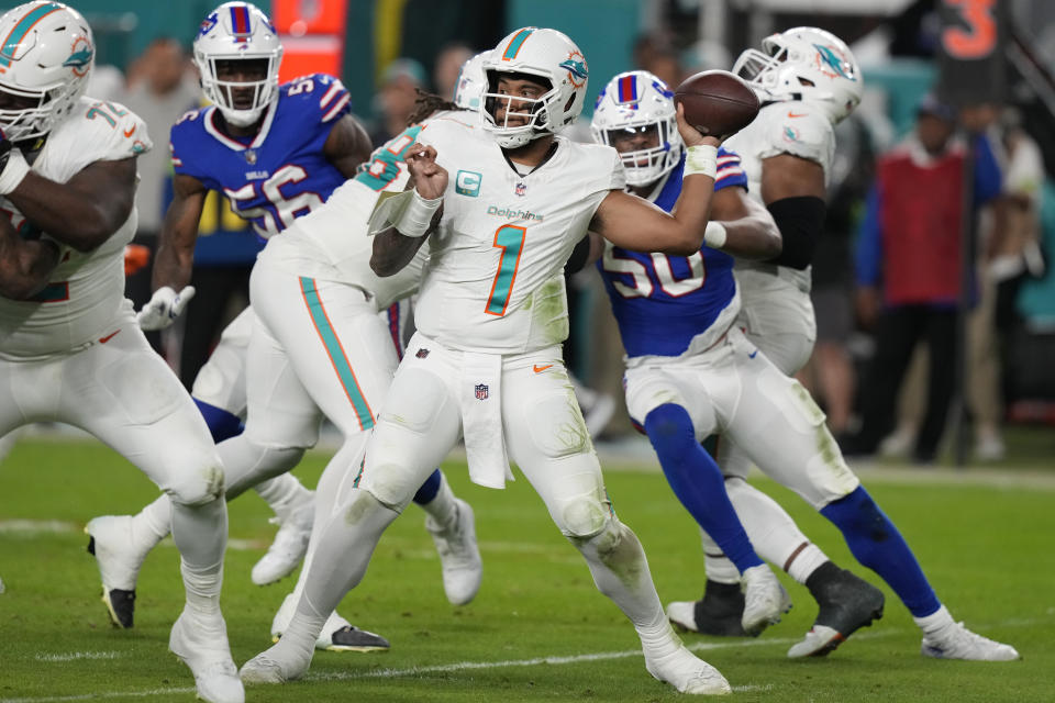 Miami Dolphins quarterback Tua Tagovailoa (1) aims a pass during the second half of an NFL football game against the Buffalo Bills, Sunday, Jan. 7, 2024, in Miami Gardens, Fla. (AP Photo/Lynne Sladky)