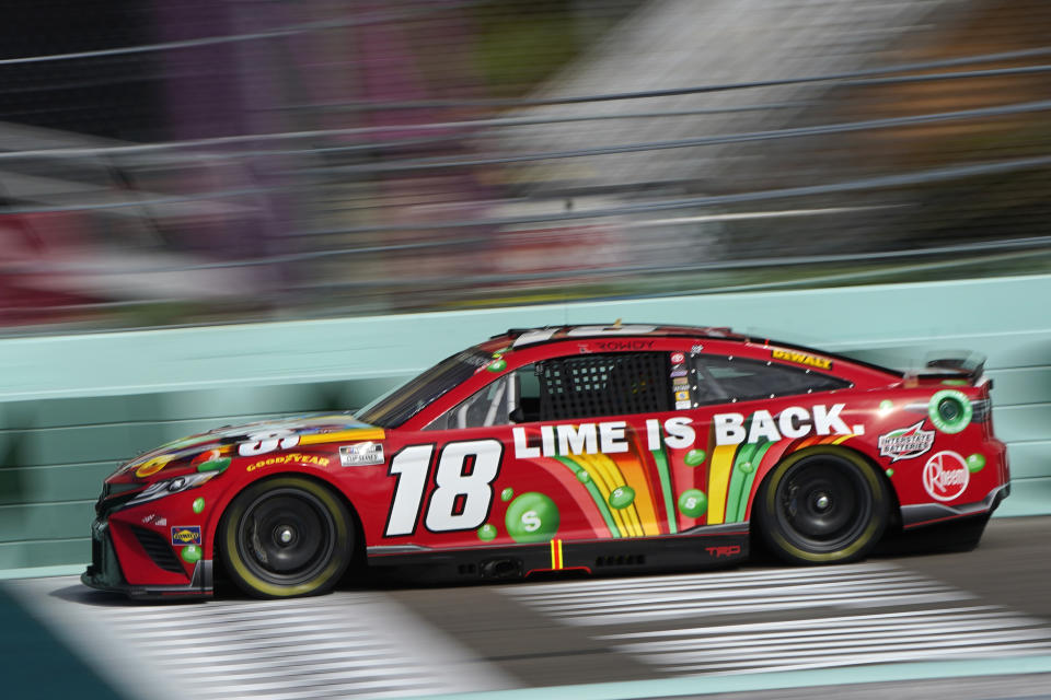 Kyle Busch (18) drives during NASCAR Cup Series practice at Homestead-Miami Speedway, Saturday, Oct. 22, 2022, in Homestead, Fla. (AP Photo/Lynne Sladky)