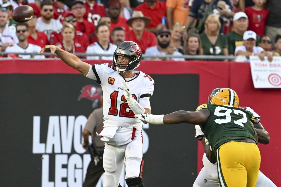 Tampa Bay Buccaneers' Tom Brady thorws during the second half of an NFL football game against the Green Bay Packers Sunday, Sept. 25, 2022, in Tampa, Fla. (AP Photo/Jason Behnken)