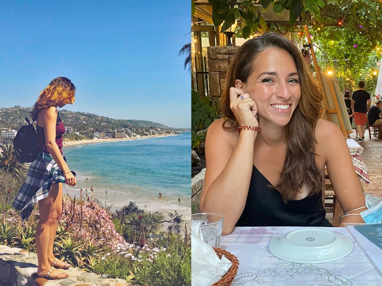 joanna on a oceanside cliff in LA and joanna at a restaurant in greece