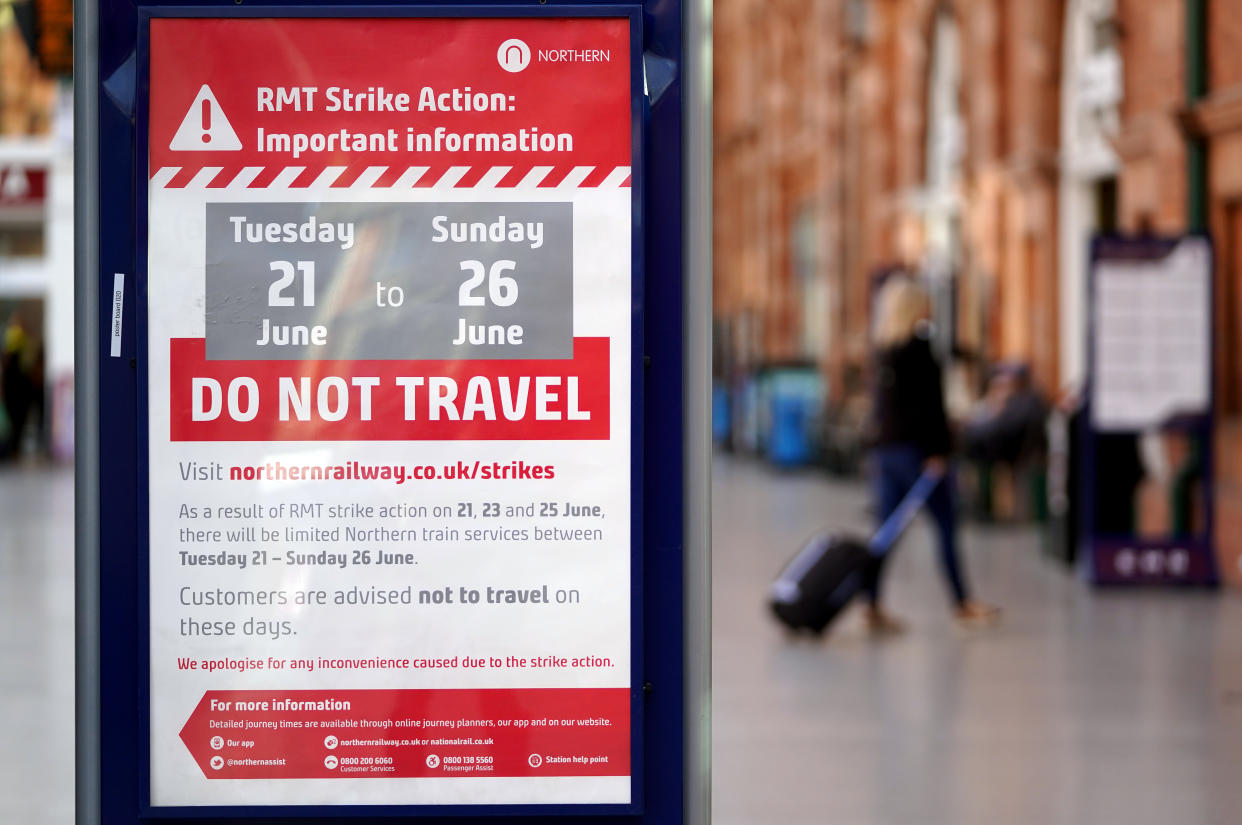 A sign alerting travellers to planned strike action at Nottingham Train Station, as members of the Rail, Maritime and Transport union begin their nationwide strike in a bitter dispute over pay, jobs and conditions. Picture date: Tuesday June 21, 2022.