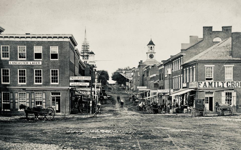 Hagerstown's Public Square, c. 1870, with a view of Hagerstown Town Hall (clocktower at right); McCausland established his headquarters there during the Ransom of Hagerstown.