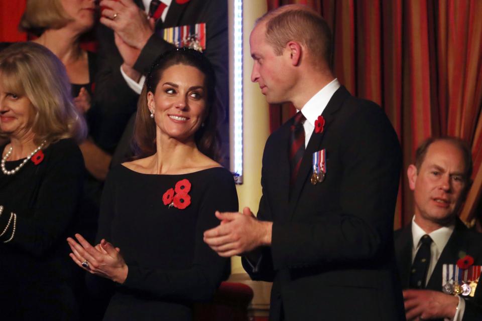 Britain's Catherine, Duchess of Cambridge, (L) and Britain's Prince William, Duke of Cambridge, (R) attend the annual Royal British Legion Festival of Remembrance at the Royal Albert Hall in London on November 9, 2019. (Photo by Chris Jackson / POOL / AFP) (Photo by CHRIS JACKSON/POOL/AFP via Getty Images)