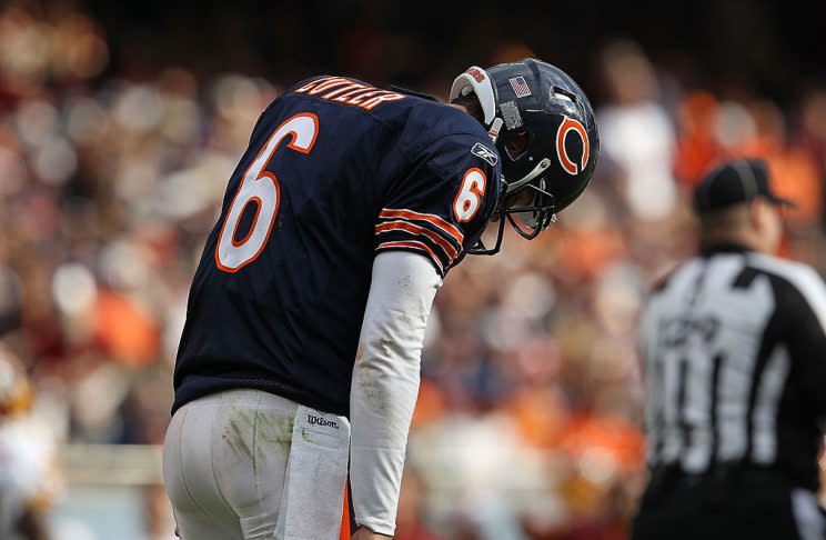 Pretty sure the body language police won't like this Jay Cutler pic. (Photo by Jonathan Daniel/Getty Images)